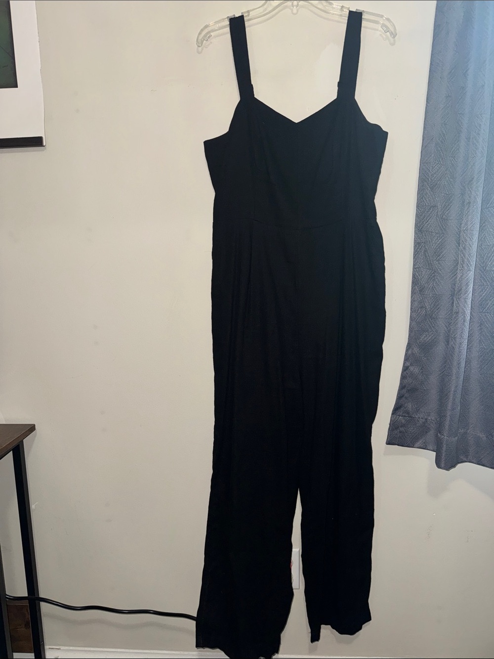 Black Linen Blend Wide-Leg Ankle Jumpsuit with Straps